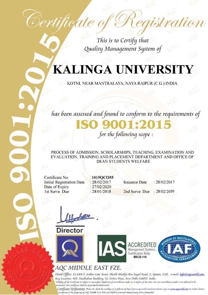 Kalinga University ISO 9001:2015 Certificate